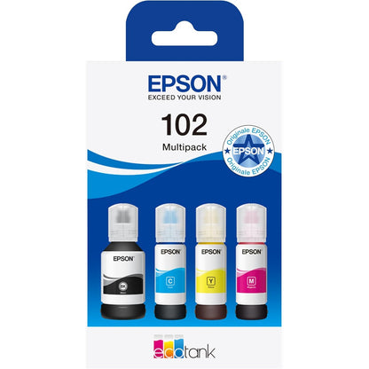 273222 - EPSON Shishe boje origjinale EcoTank Seria 102 - 4 ngjyra: E zezë, cian, magenta dhe e verdhë