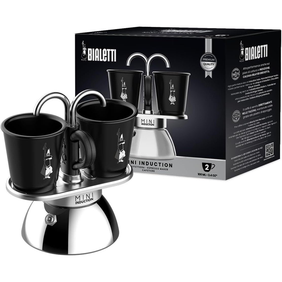 208329 - BIALETTI Makinë Kafeje Mini Express Induction, 2 Gota (100ml), E Përshtatshme për Të Gjitha Llojet e Sobave, E Zezë