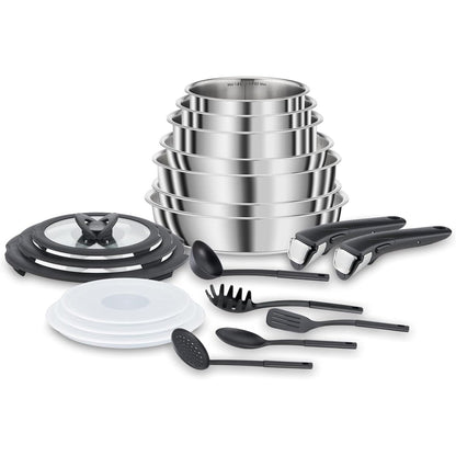 187011 - LAGOSTINA Ingenio Inox, Set 20 pjesësh Tenxheresh dhe Tiganësh nga Çeliku Inox, Përshtatshëm për Induksion, përfshinë 3 Tenxhere, 3 Tiganë, 6 Kapakë, 5 Vegla Kuzhine, 2 Doreza të Lëvizshme
