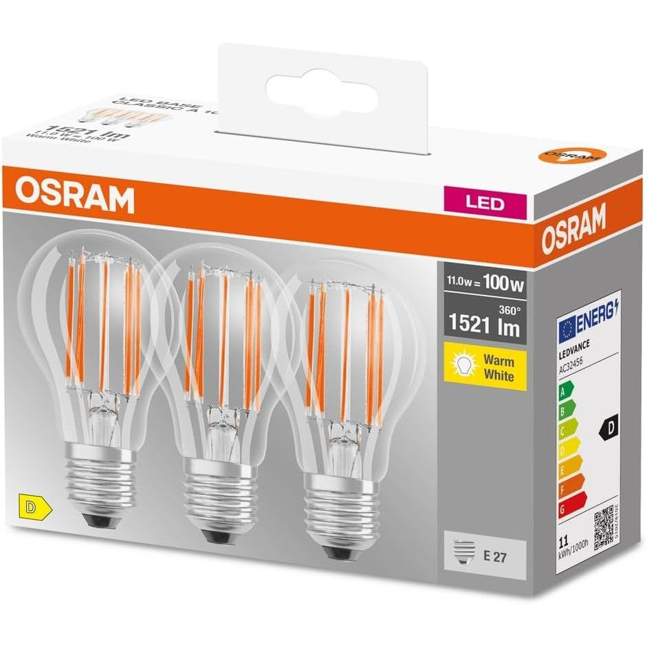 216374 - OSRAM Llambë LED E27, 2700 K, 11 W, Zëvendësim për llambë 100 W, Pako me 3 pjesë