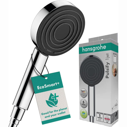 313257 - HANSGROHE Pulsify S kokë dushi që kursen ujë 6 l/min (EcoSmart+), dush dore me 1 model spërkatjeje, kokë dushi e rrumbullakët 105 mm, funksion kundër gëlqeres, krom, 24121000