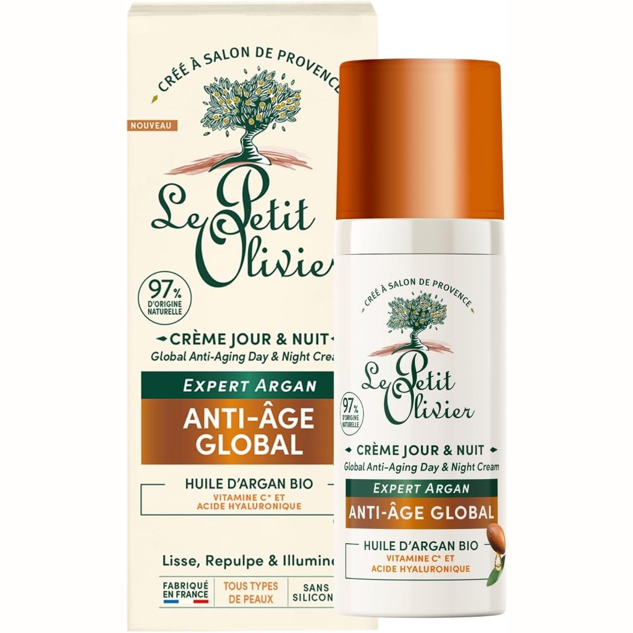 321845 - LE PETIT OLIVIER Krem Dite dhe Nate Anti-Plakje - Vaj Argani, Vitaminë C dhe Acid Hialuronik - 50 ml - 97% Origjina Natyrale - Prodhuar në Francë