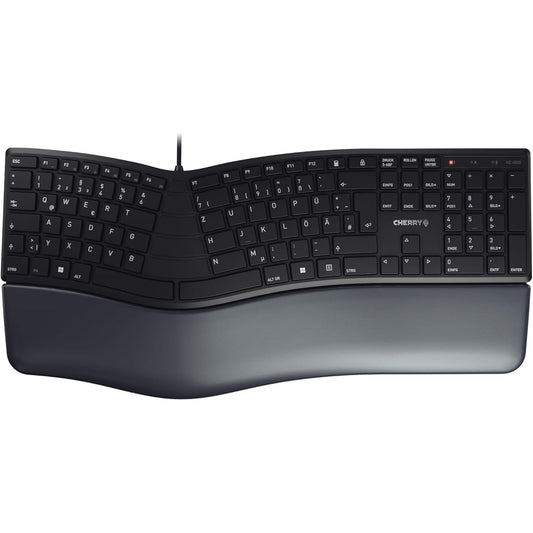 126468 - CHERRY KC 4500 ERGO, Tastierë Ergonomike me Tel, E Zezë, Me Mbështetëse Kyçesh me Shkumë Memorie, Paraqitje Gjermane (QWERTZ)