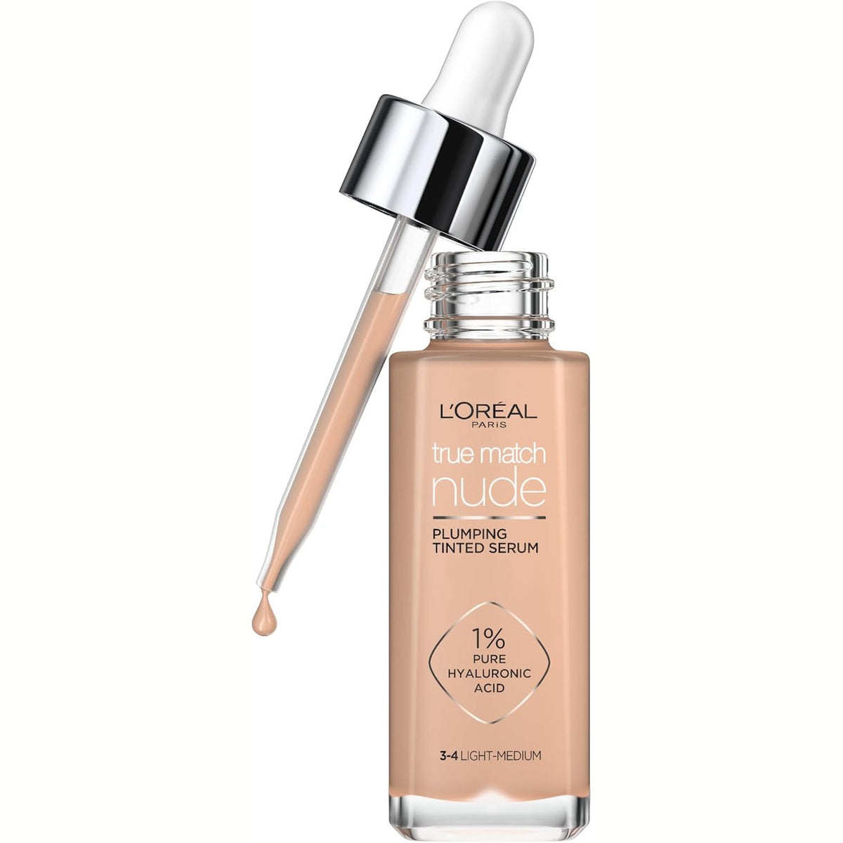 300902 - L'ORÉAL PARIS Fondatinë me Serum të Ngjyrosur True Match Nude Volumizing me Acid Hialuronik - 3-4 Light Medium - 30ml - Vegan