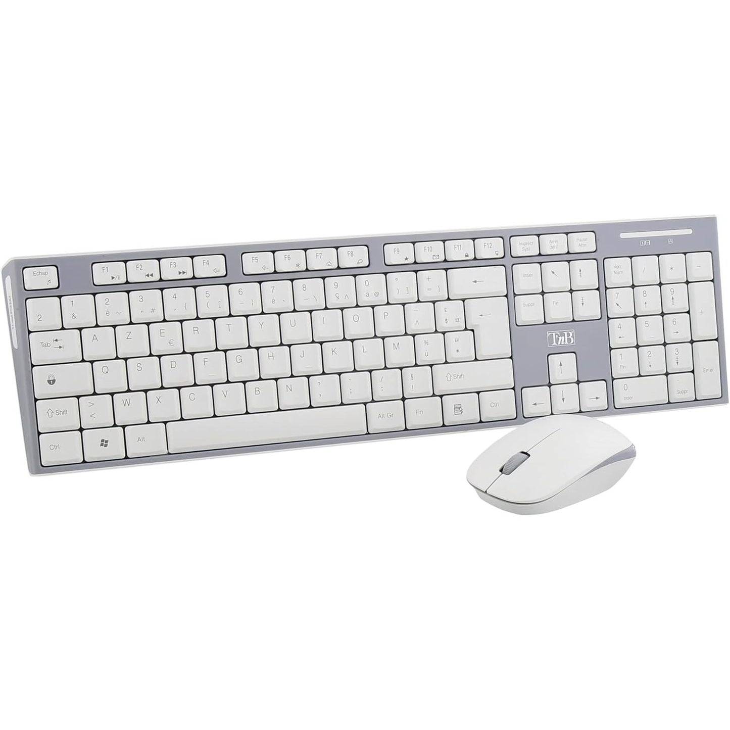 189435 - T'NB - Tastierë dhe Maus pa Tel, me Frekuencë Radioje, Layout AZERTY, e Kompaktë dhe e Heshtur, me Shkurtore Multimediale, e Përshtatshme për Windows/Linux, e Bardhë