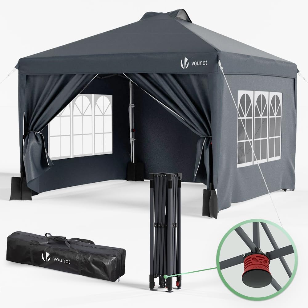 292171 - VOUNOT Gazebo Kopshti 3x3m, tendë e palosshme, mure të palosshme, ujit të papërshkueshëm nga UV, lartësi e rregullueshme, çantë mbajtëse, gri