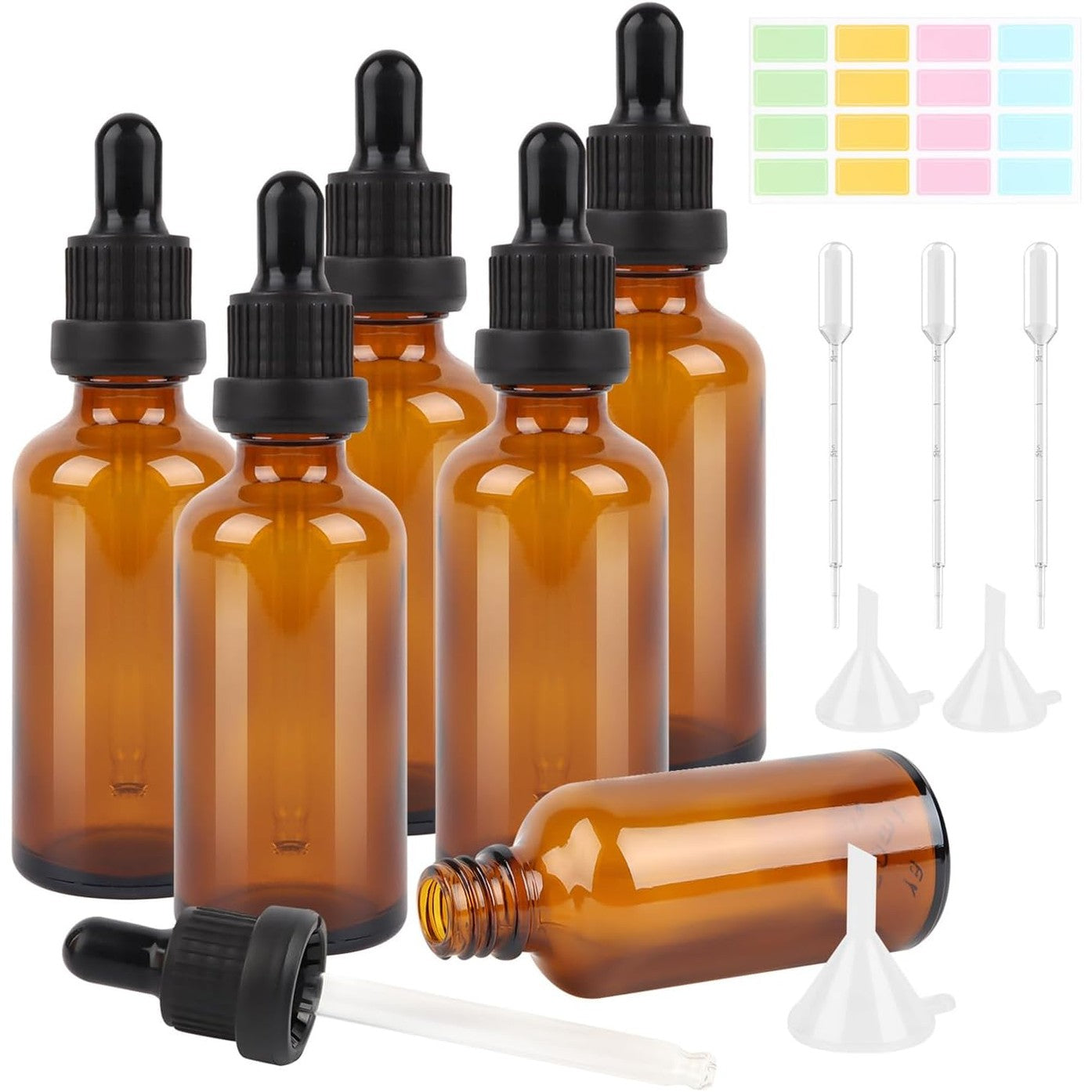 225218 - VMUTGA Set me 5 pjesë shishe qelqi ngjyrë kafe me pikatore, 50ml, shishe bosh me pikatore, të rimbushshme me gyp dhe etiketë për vajra esencialë, parfume dhe lëngje