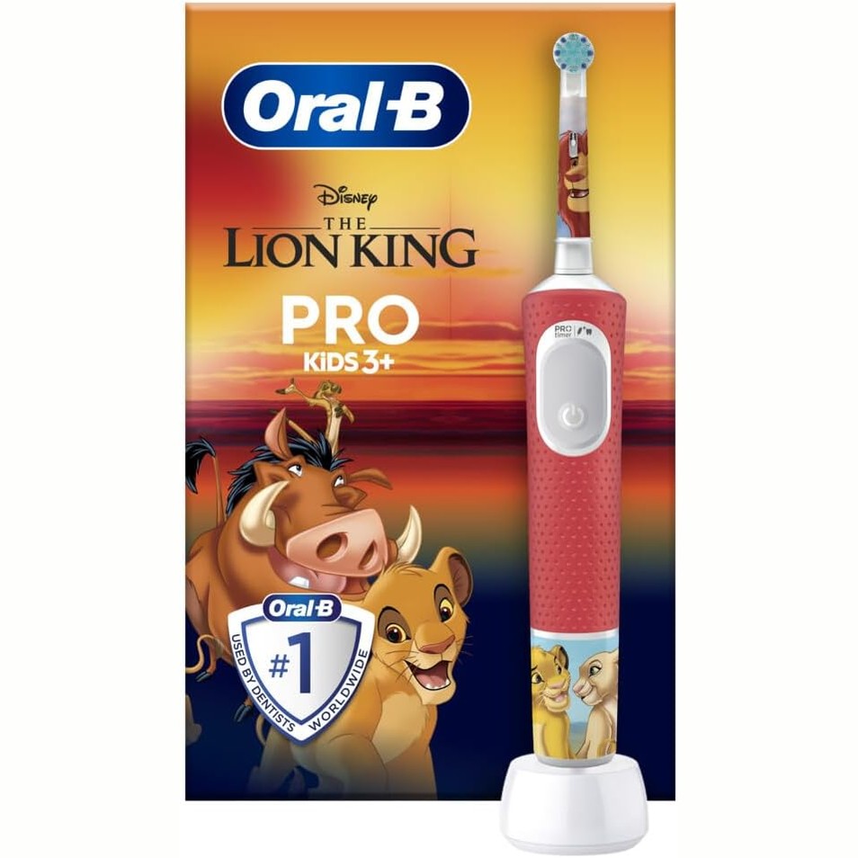 316491 - ORAL-B Pro Furçë Dhëmbësh Elektrike për Fëmijë, Mbreti Luan, 1 Kokë Furçe, Shumëngjyrëshe - 2 Mënyra Larjeje për Fëmijë 3 Vjeç e Lart, Kokë e Rrumbullakët Butësisht në Mishrat e Dhëmbëve, Kohëmatës Magjik Disney