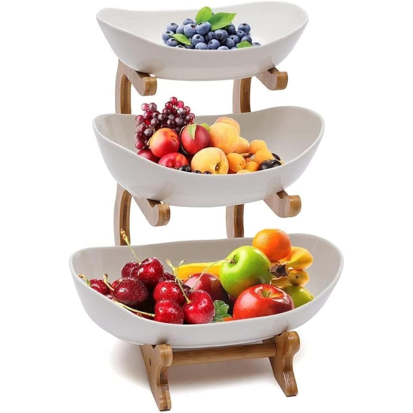 221680 - DREAMHIGH® Mbajtëse frutash prej qeramike me 3 nivele, 30 cm, e qëndrueshme, mbajtëse frutash prej bambuje natyrale