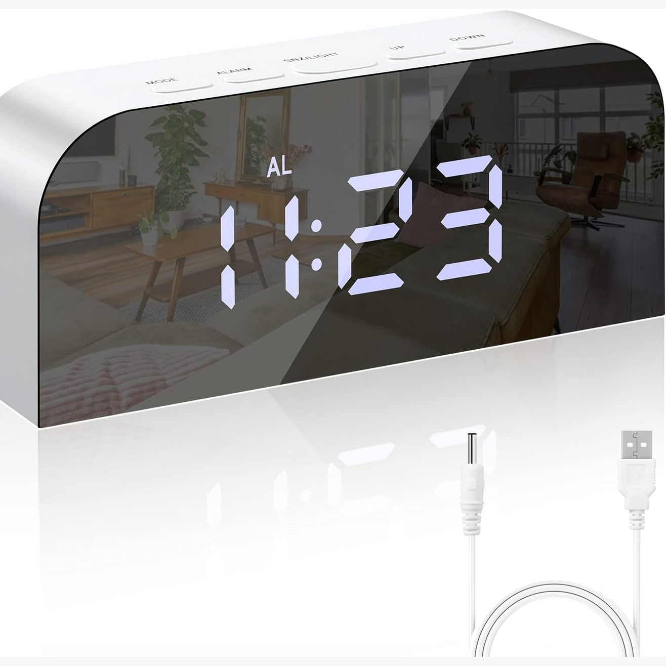 248559 - VINABO Orë dixhitale me alarm, pasqyrë, LED, 2 nivele ndriçimi, 12/24H, 2 porta karikimi USB, e bardhë