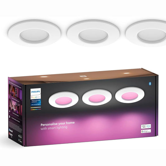 204014 - PHILIPS HUE Drita LED të Hapura me Ngjyra, 90 mm, pako me 3, e Përputhshme me Bluetooth dhe Kontroll Zëri (Alexa, Apple Home, Asistent Google), ngjyra e bardhë