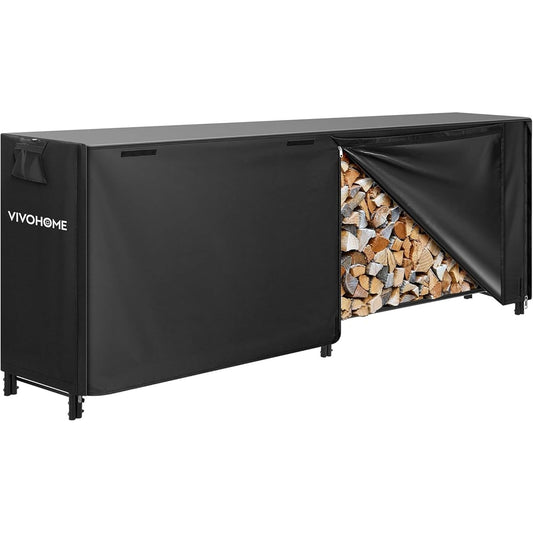 204149 - VIVOHOME 8ft Raftë e Rëndë për Mbajtjen e Drurit të Zjarrit me Mbulesë, Ngjyra e Zëzë