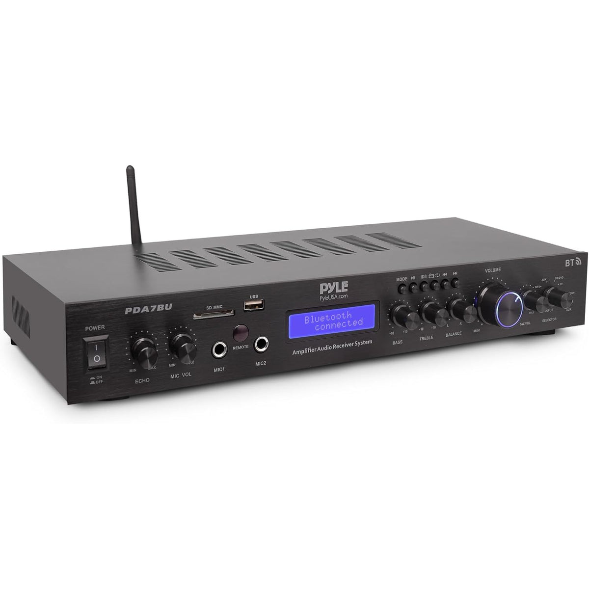 295540 - PYLES Amplifikator Bluetooth me 5 Kanale për Montim në Rack, 200 Vat, Material Plastik, Transmetim Pa Tel Bluetooth, Radio MP3/USB/SD/AUX/FM, LCD Dixhital ID3, i Zi