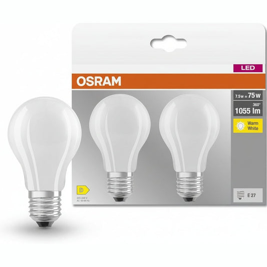 138221 - OSRAM LED BASE Classic A75, Llambë LED me Filament Qelqi për Prizë E27, Formë Llambë, Ngjyrë e Bardhë e Ngrohtë (2700K), 1055 Lumen Pako me 2