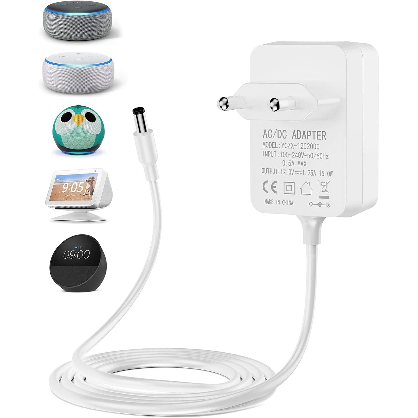 269291 - RENGOGA Furnizim me energji 15W i pajtueshëm me Echo Dot 3/4 Gen Echo Dot me orë, 3/4 Gen Echo Dot Kids Edition 3/4 Gen Echo Show 5 (1st/2nd Gen) Echo Spot Fire TV Cube. Adaptor energjie karikimi 12V/1.25A 1.5M i bardhë