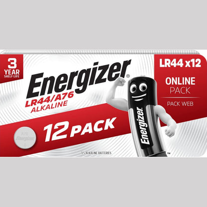 268811 - Energizer Bateri LR44 (Pako me 12 copë) - Buton Alkalik A76 1.5V - për termometra, kalkulatorë, ora, pajisje mjekësore - Pa merkur - Paketim i sigurt