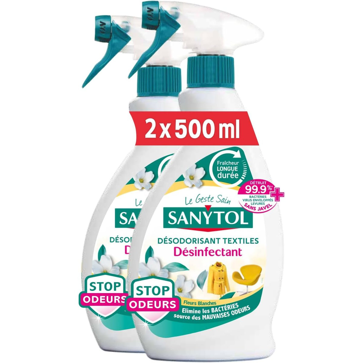 298792 - SANYTOL - Deodorizues dhe Dezinfektues për Pëlhura - 500 ml - Pako me 2 - Të gjitha llojat e pëlhurave - Baktericid, Virucid - Pa mbetje të ashpra - Nuk lë njolla