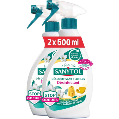 298792 - SANYTOL - Deodorizues dhe Dezinfektues për Pëlhura - 500 ml - Pako me 2 - Të gjitha llojat e pëlhurave - Baktericid, Virucid - Pa mbetje të ashpra - Nuk lë njolla
