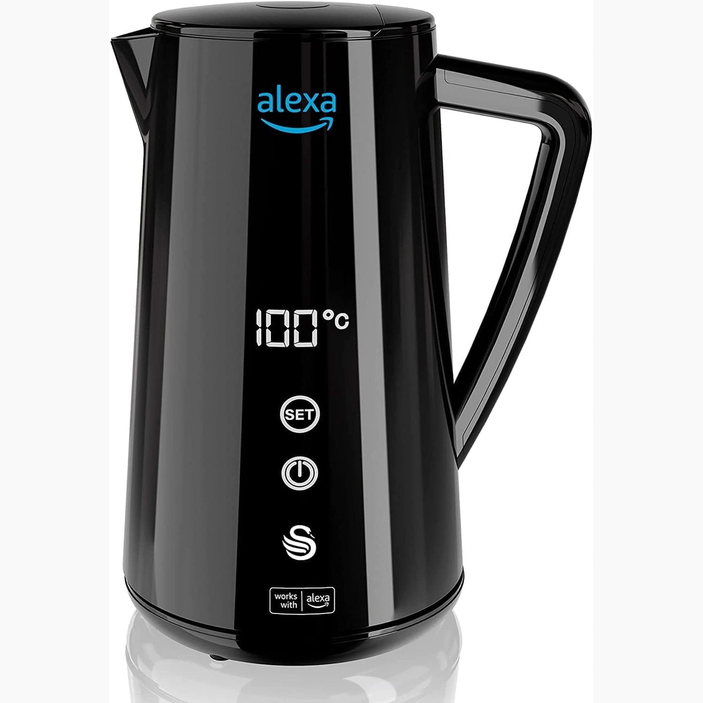 277373 - SWAN Çajnik inteligjent 1.5L, 1800W, me kontroll temperature, i zi, pa tel, ekran me prekje LED, funksion mbajtjeje ngrohtësie, prekje e ftohtë, mur çeliku inox i izoluar, SK14650BLKNEU