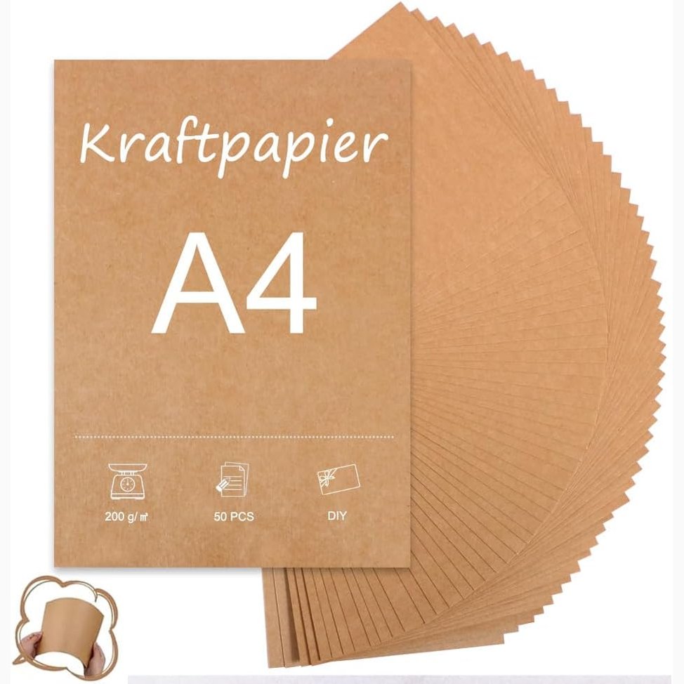 264007 - Letër kraft A4 kafe, 50 fletë, kartona letër kraft A4 200g, letër artizanale, karton natyral me cilësi të lartë