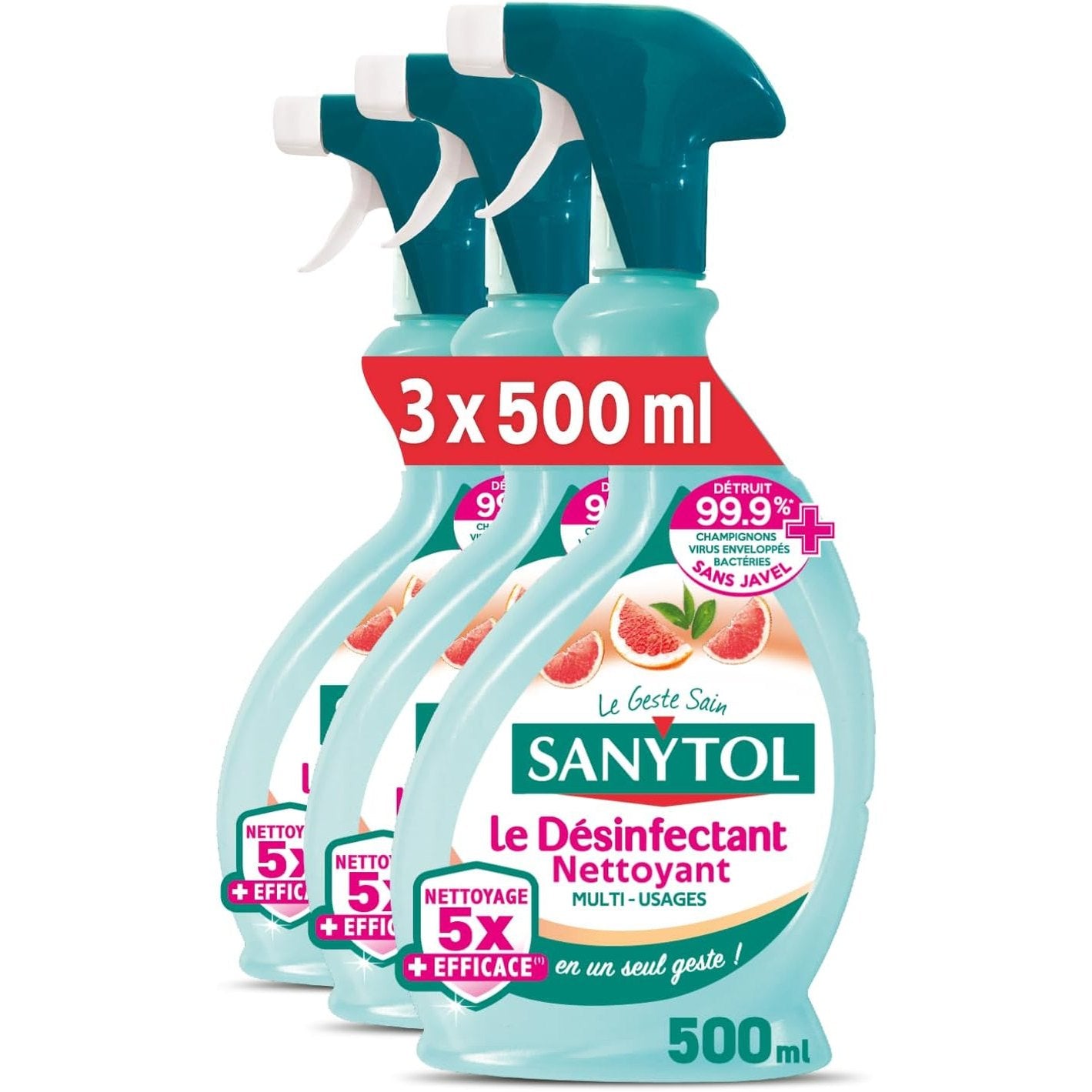 275847 - SANYTOL Pastrues Dezinfektues Shumëfunksional, Aromë Grejpfruti, 500 ml, Pako me 3, Pa zbardhues, Testuar dermatologjikisht