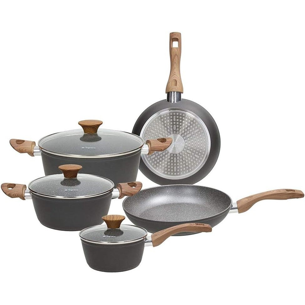 160664 - TOGA GREAT Set 8 Pjesësh i tenxhereve dhe tiganëve prej Guri, përfshijnë 2 Tiganë, 3 Tenxhere, 3 Kapakë Transparentë, Materiali Alumini, Ngjyra Gri