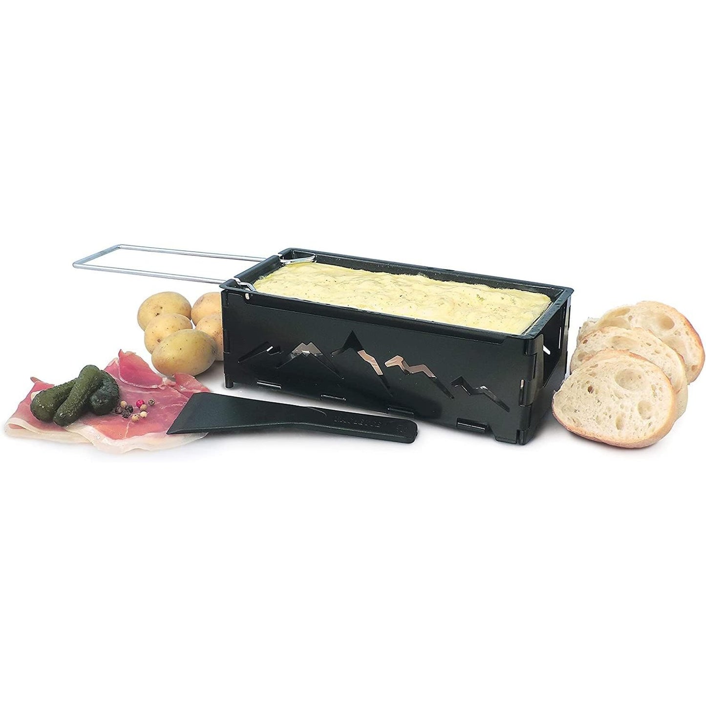 219478 - SWISSMAR KF-00536 Set Djathi Nordic Raclette me Spatul, Çelik, i Zi, 18cm x 8cm x 6cm, Portativ, Me Ngrohje me Dritë Çaji, Mbështetëse e Palosshme, Jo-Ngjitëse, I Sigurt për Lavatriçe, Set Dhurate
