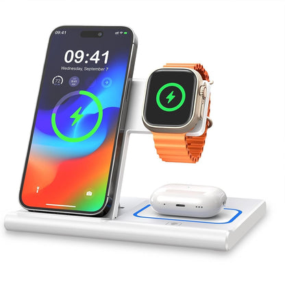 273714 - STACION KARIKIMI EXW, JASTËK KARIKIMI PA TEL 3-NË-1 I PAJTUESHËM ME SERINË IPHONE 17/16/15/14/13/12, APPLE WATCH 10/9/8/7/6/SE/5/4/3, AIRPODS 2/3/4/PRO - I BARDHË