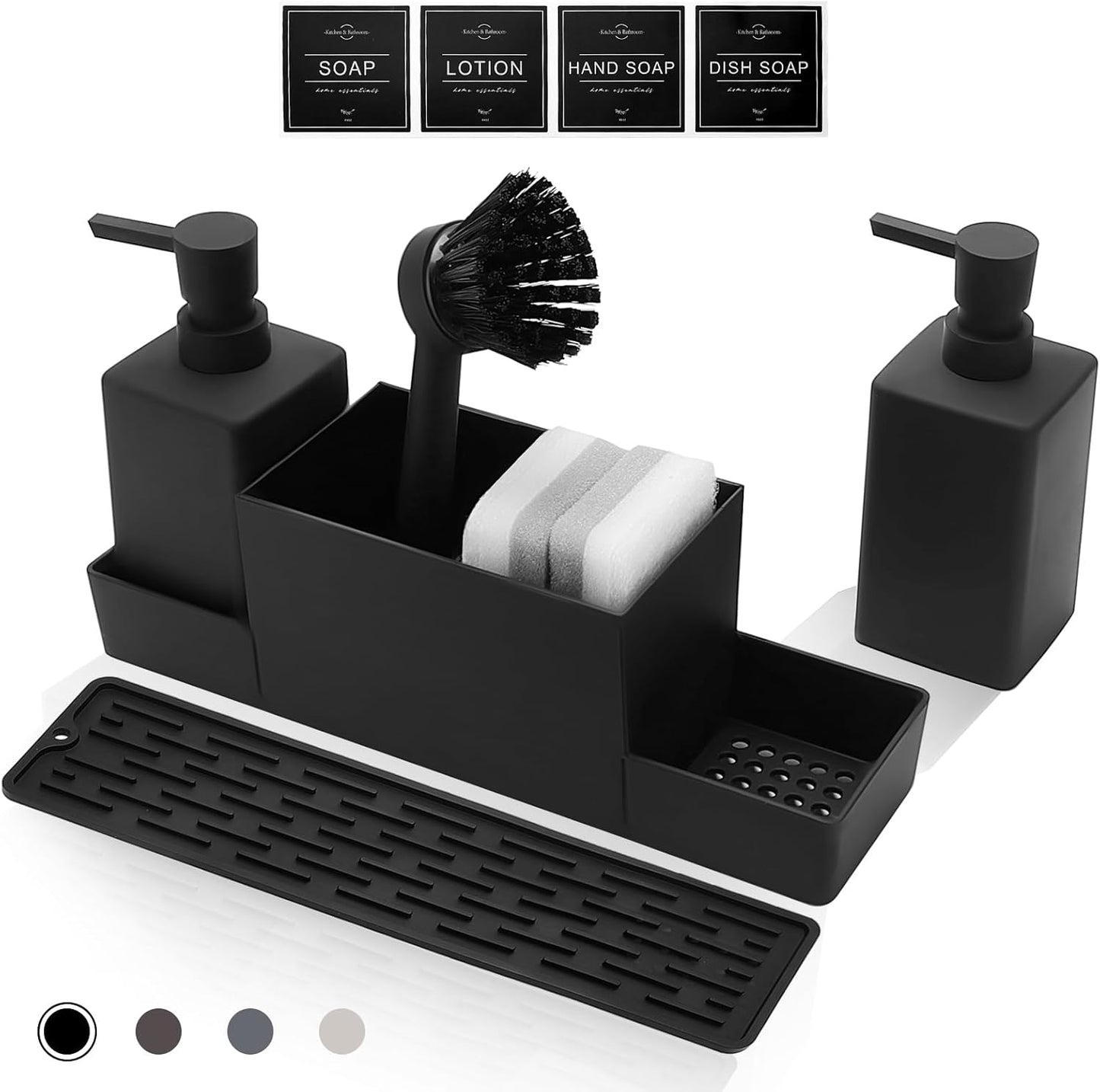 167756 - CAUTIOUS Dozator Sapuni 350ML, i Zi Mat, Organizues Lavamani, Dozator Sapuni për Enë, Dozator Sapuni Plastik për Kuzhinë, i Pajisur me Furçë dhe Sfungjer, 3 Koka Pompe.