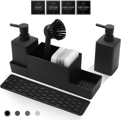 167756 - CAUTIOUS Dozator Sapuni 350ML, i Zi Mat, Organizues Lavamani, Dozator Sapuni për Enë, Dozator Sapuni Plastik për Kuzhinë, i Pajisur me Furçë dhe Sfungjer, 3 Koka Pompe.