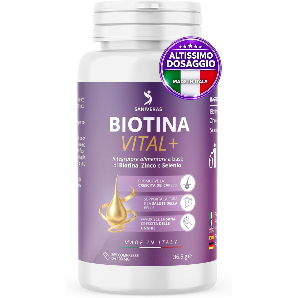 308366 - BIOTINË - Shtesë natyrale për flokë, thonj, lëkurë, 365 tableta, Vegan, Biotinë, zink, selen, Prodhuar në Itali