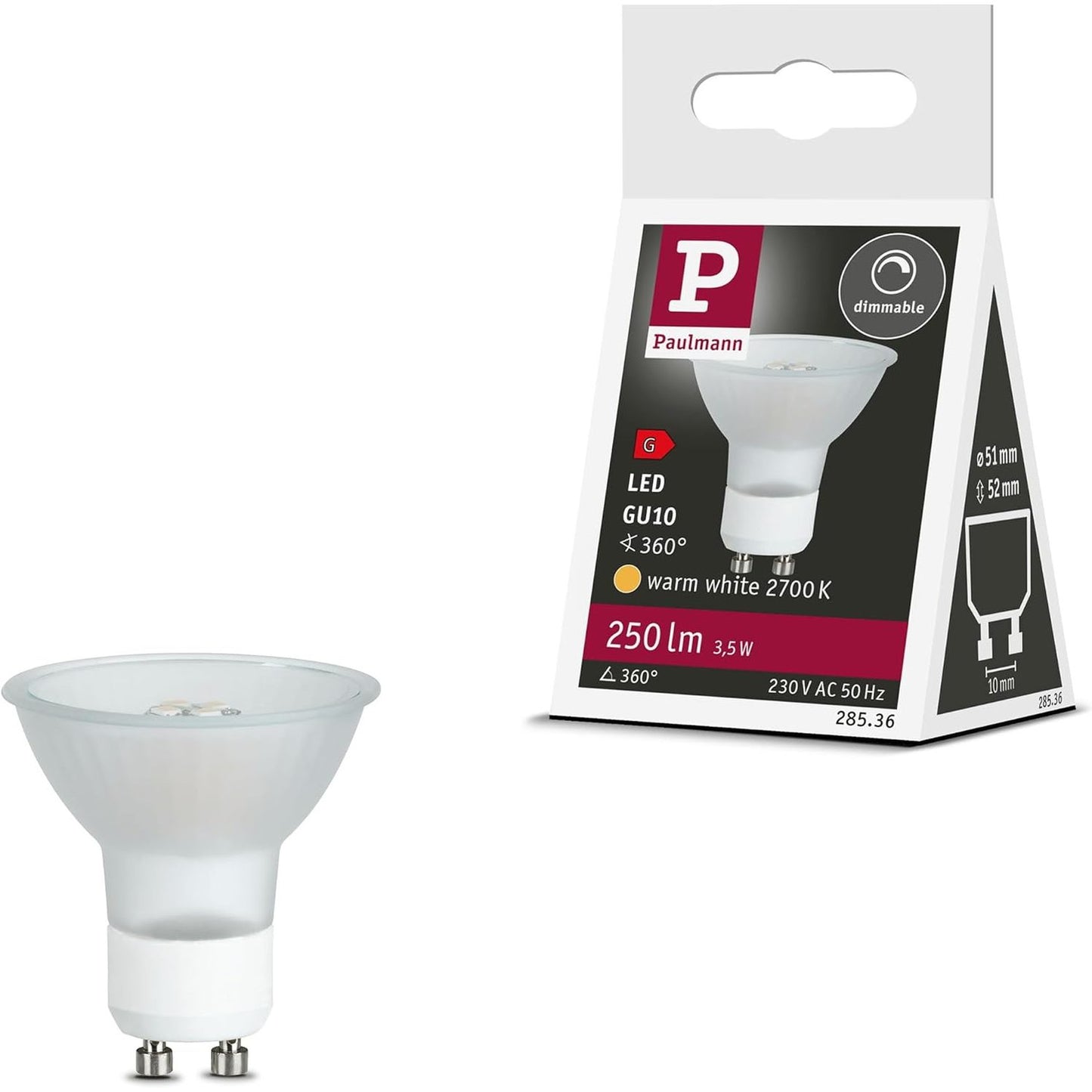 185762 - PAULMANN Llambë LED Reflektor Maxiflood 28536, 3.5W, GU10, 230V, e Bardhë e Ngrohtë, me Errësim