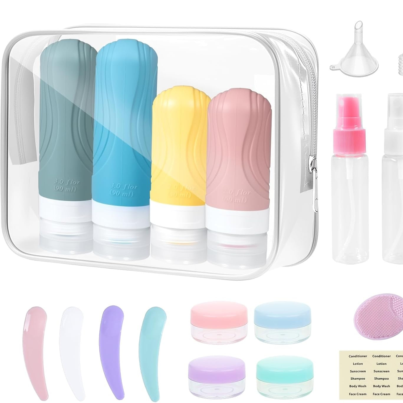 317791 - CAREHABI Set me 10 shishe të rimbushshme, shishe udhëtimi prej silikoni 90ml + 60ml, shishe spërkatëse 30ml me pompë, enë të vogla, pajisje shampo