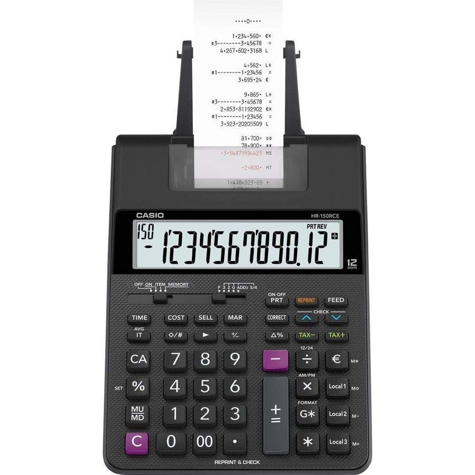 295791 - CASIO HR-150RCE - Kalkulator për tavolinë me printim - 12-shifror, printim me 2 ngjyra, funksion post-printimi, memorie totale