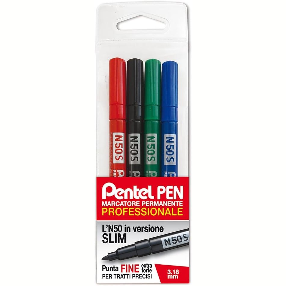 267103 - Pentel Shënues permanent N50S me majë të hollë, 4 ngjyra (e zezë, e kuqe, blu, jeshile)