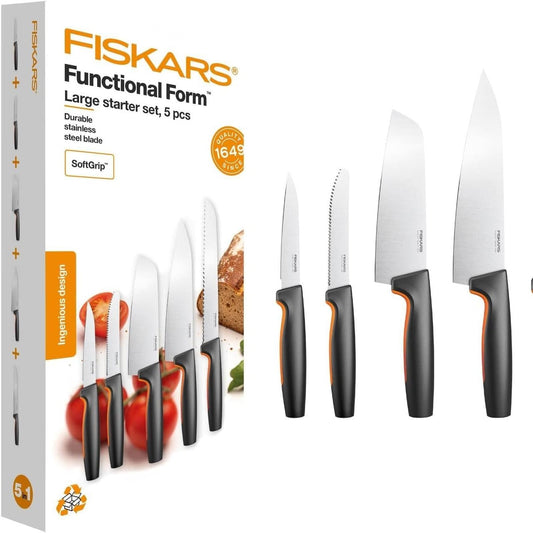 170335 - FISKARS Seti Functional Form me 5 Thika Kuzhine, përfshirë Thika e Shefit (e Madhe), Thikë Perimesh, Thikë Domatesh, Thikë Shefit Santoku dhe Thika Bukëje, Material Çelik Inox/Plastik Japonez, Modeli 1057558