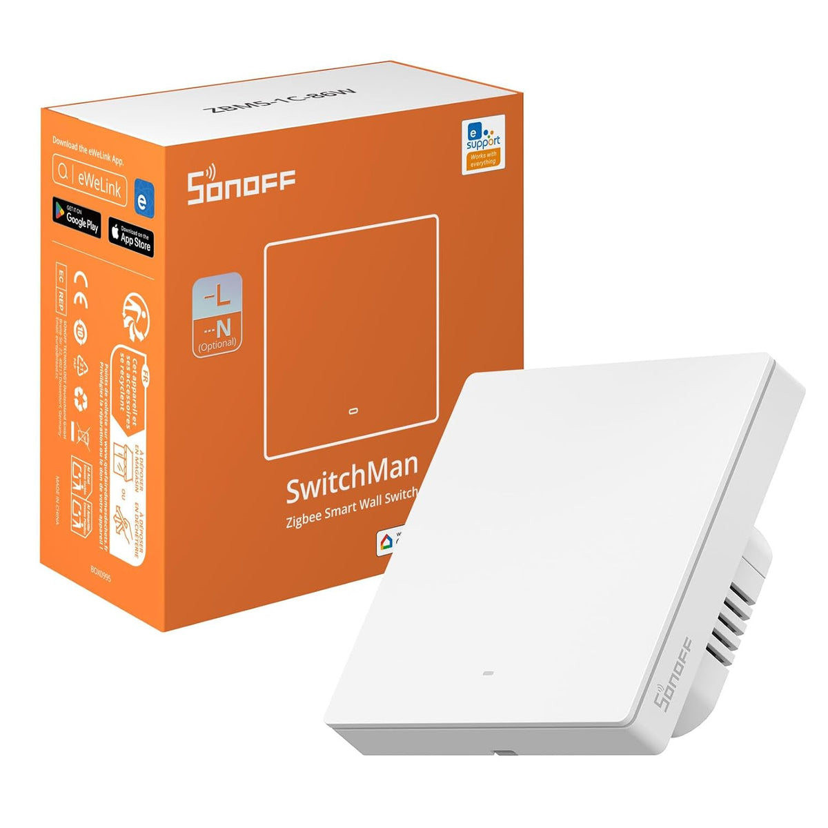 313773 - SONOFF Ndërprerës Muri me Rele Zigbee ZBM5, Tipi 86, 1 Kanal, me ose pa neutral, telekomandë përmes aplikacionit
