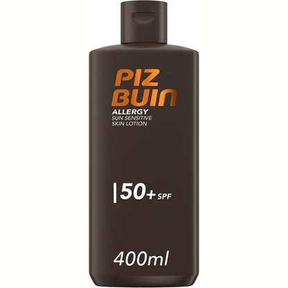 297123 - Locion Piz Buin Allergy për lëkurë të ndjeshme nga dielli SPF 50 (400 ml), krem mbrojtës nga dielli për trupin me SPF 50, mbrojtje shumë e lartë nga dielli për lëkurë të ndjeshme
