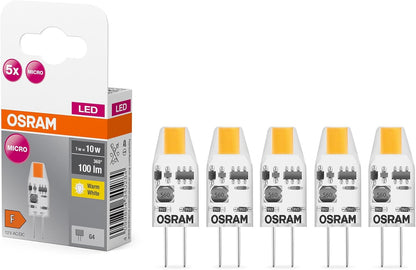 168283 - OSRAM LED BASE PIN MICRO, paketa prej 5 dritare led me tension të ulët, zëvendëson llambat PIN 10W, ngjyra e bardhë e ngrohtë (2700K), fuqi 1W, bazë G4, materiali xham i akrilikuar, jo i errësueshëm, ultra kompakt