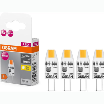 186033 - OSRAM LED BASE PIN MICRO, paketë 5 llamba me tension të ulët, zëvendëson PIN 10W konvencional, 1W, bazë G4, e bardhë e ngrohtë (2700K), xham i akrilikuar, jo i errësueshëm, ultrakompakt