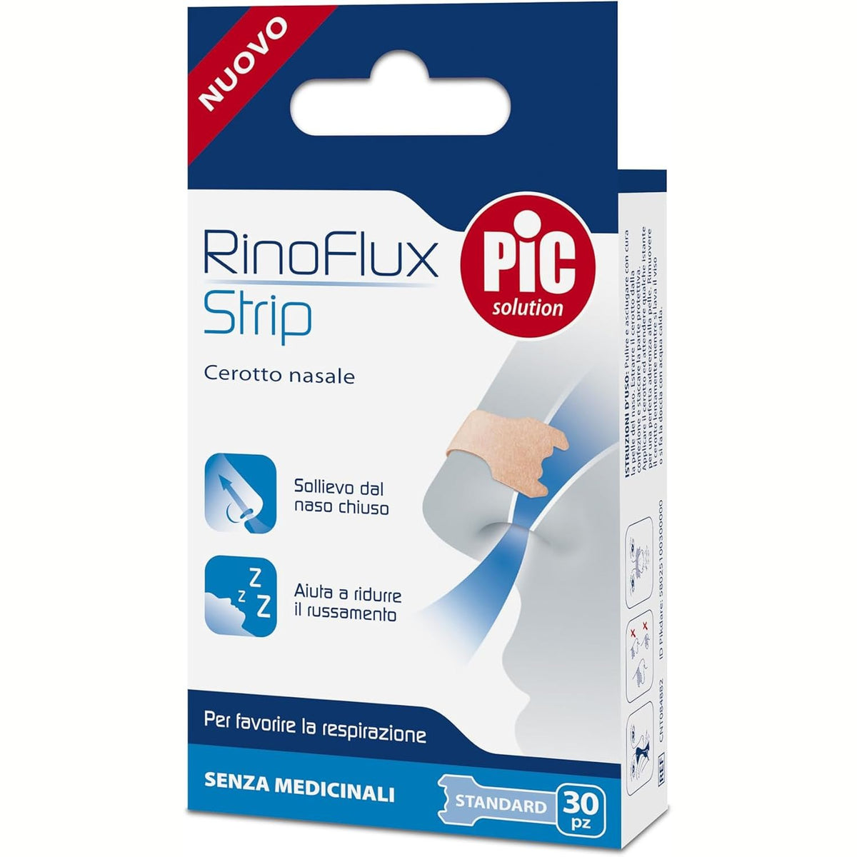 306738 - PIC SOLUTION Flastrat nazale me shirit RinoFlux, pako me 30 copë, madhësi standarde, marrin frymë mirë, e bëjnë frymëmarrjen më të lehtë, ofrojnë lehtësim të menjëhershëm nga bllokimi i hundës