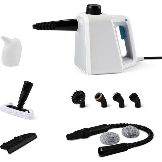 260507 - AMAZON BASICS Pastrues me avull dore për përdorim shtëpiak, 9 aksesorë, 1000W, Rezervuar 250 ml, i bardhë