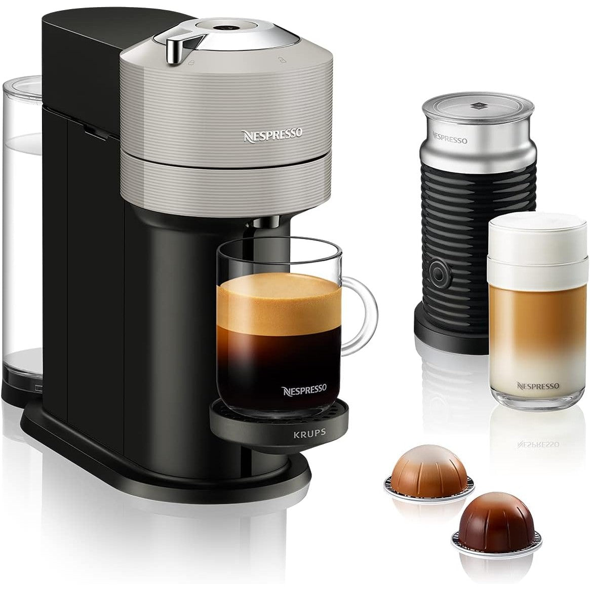 162044 - KRUPS NESPRESSO XN911B Vertuo Next, Makinë Kafeje me Shkumëzues Qumështi Aerroccino, Kapaciteti i rezervuarit të ujit 1.1L, Njohje e Kapsulës me Barkod, Filxhanë 5, Ngjyra Gri e Çelët