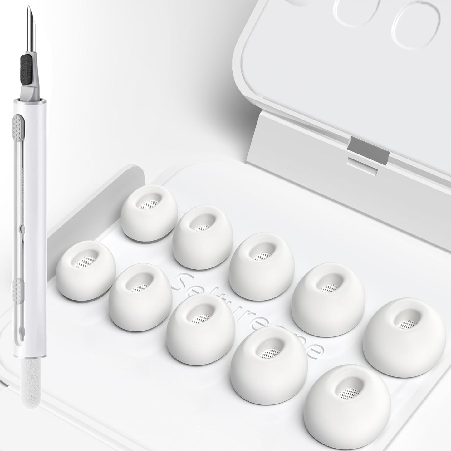 277101 - SELTUREONE 5 palë maja veshësh zëvendësuese për AirPods Pro 3 (2025) me komplet pastrimi, 5 madhësi majash silikoni me kuti portative ruajtjeje (XXS/XS/S/M/L)