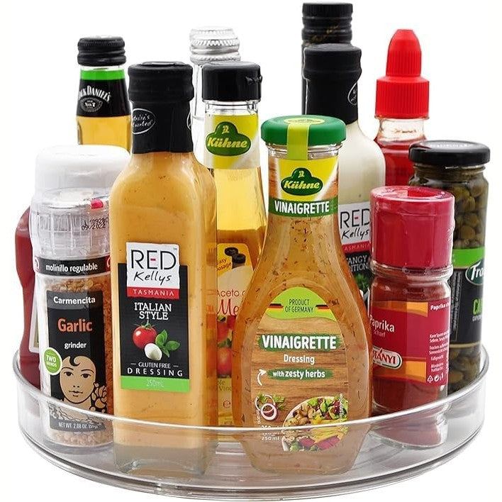 198748 - LAZY SUSAN Organizues Frigoriferësh me Rrotullim, 23.5 cm, Mbajtëse Erëzash Rrotulluese për Kuzhinë, Qilar, Dollap, Banjo, Komodë, me Karusel 360° (Transparente)