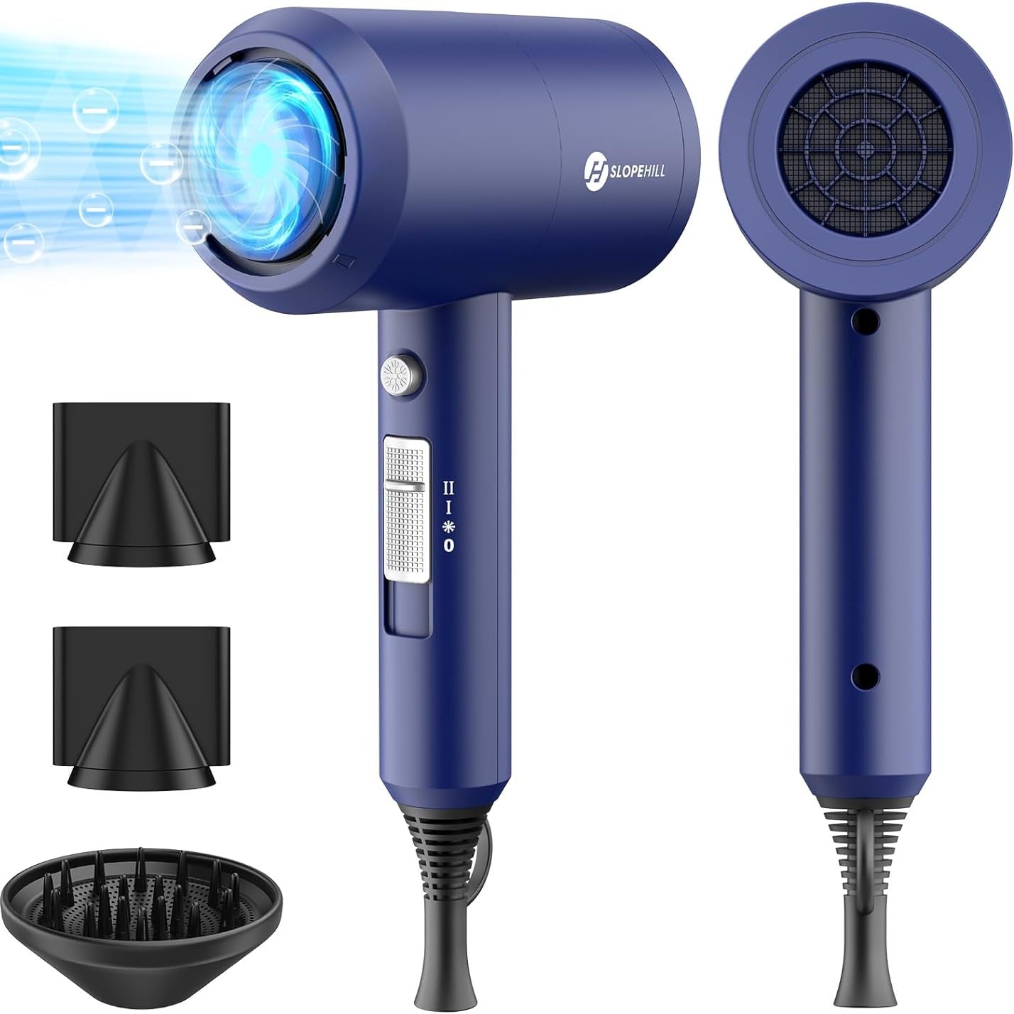 315799 - Slopehill Tharëse flokësh jonik me motor AC (1800W, tharje të shpejtë, 3 përqendrues dhe difuzues, 3 cilësime temperature, 2 shpejtësi, blu e errët)