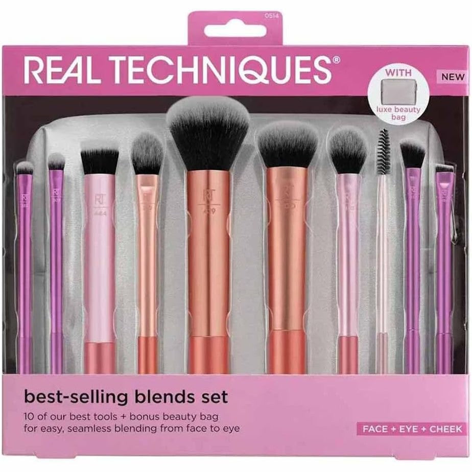 316322 - REAL TECHNIQUES Set Blends, 10 Furça Grimi me Qese Bukurie, për lëng, krem ose pudër, vegan, i lehtë për t’u pastruar