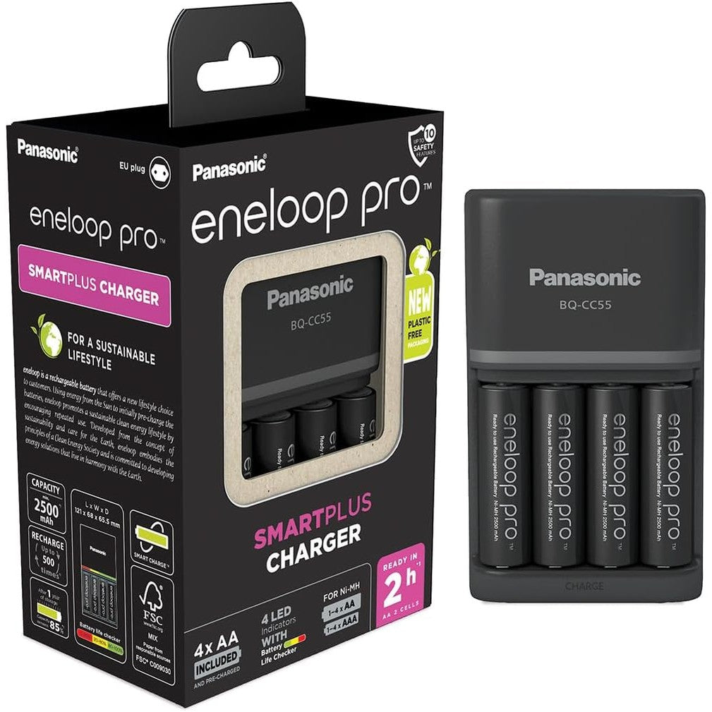 266469 - ENELOOP Karikues Pro SmartPlus, për 1-4 bateri AA/AAA, kohë karikimi 2 orë, 10 karakteristika sigurie, 4 bateri eneloop Pro AA (2500 mAh) të përfshira