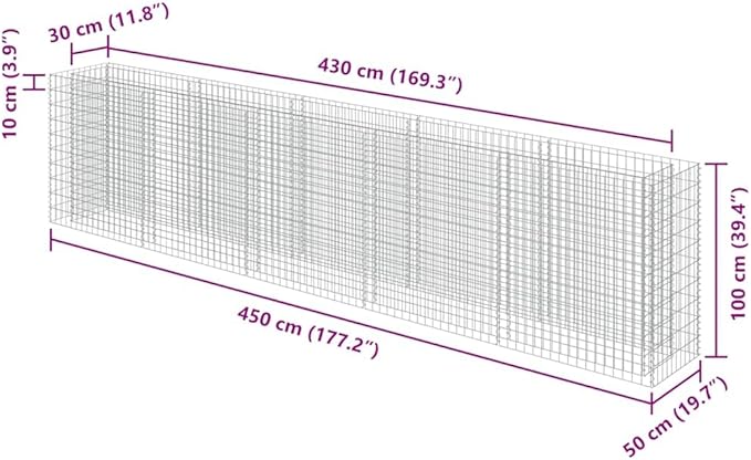 141459 - vidaXL Shtrat i ngritur për kopsht (gabion), çelik i galvanizuar, 450×50×100 cm