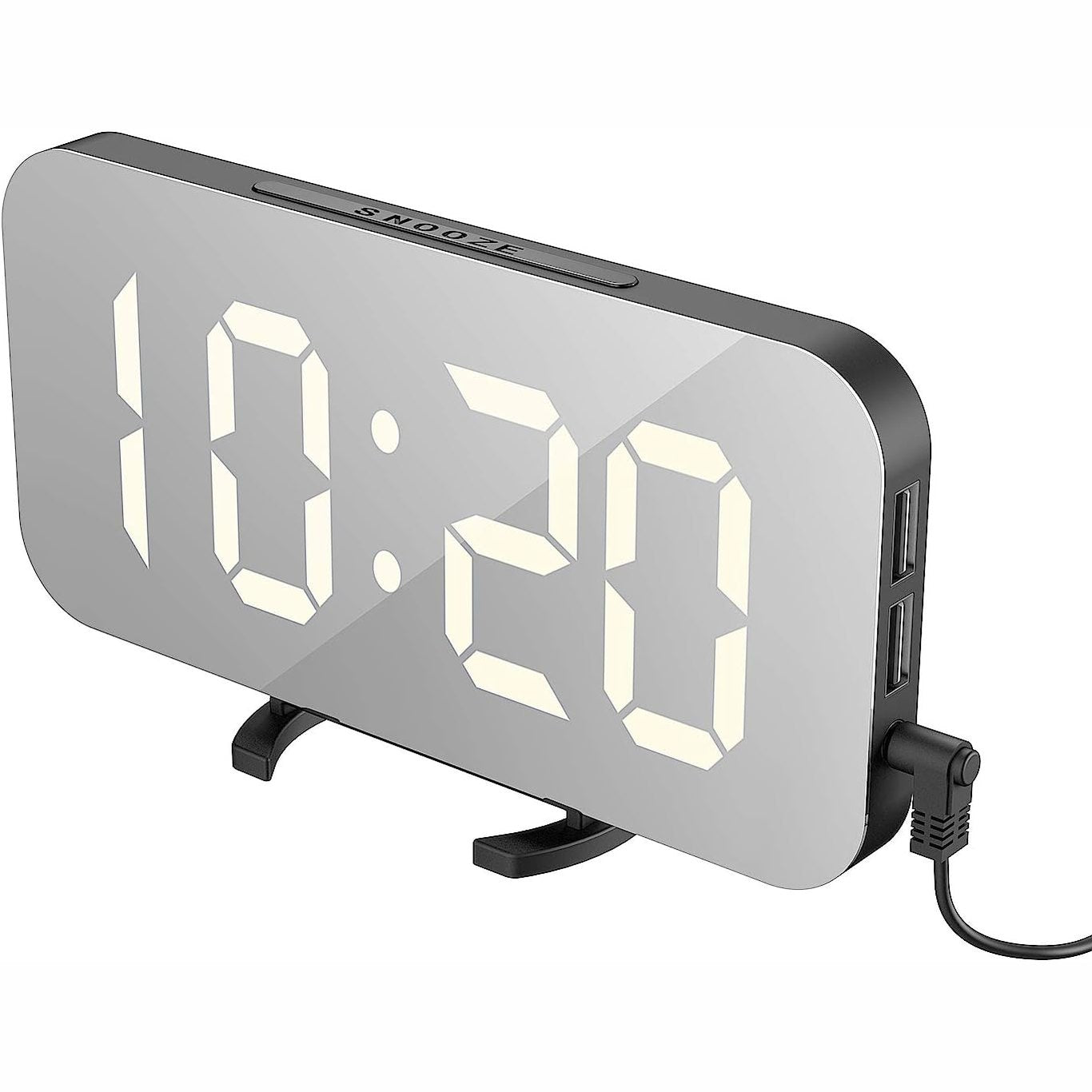 219112 - EXTSUD Orë dixhitale me alarm, ekran pasqyre, LED, 12/24 orë, 2 porta USB